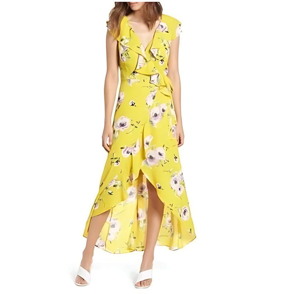 EUC Leith Yellow Purple Floral Ruffle Wrap Maxi High-Low Dress